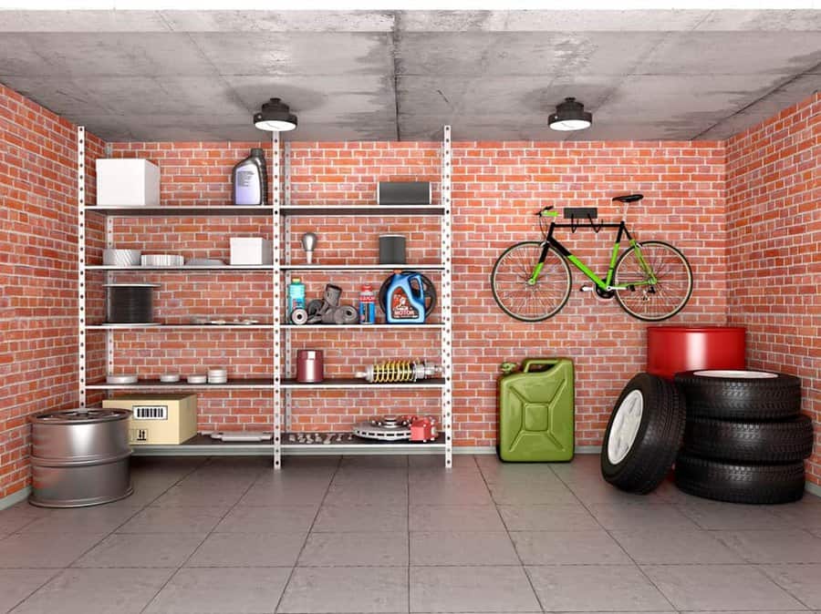 Red brick garage with bike and storage shelves