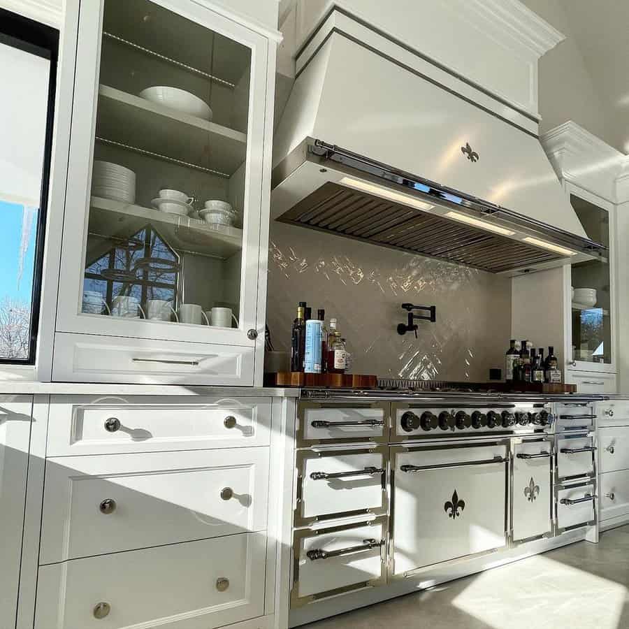 white cabinets with metallic frame