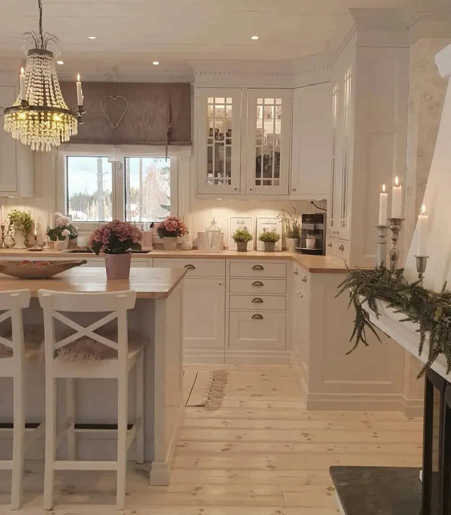 white cabinets with wood countertop