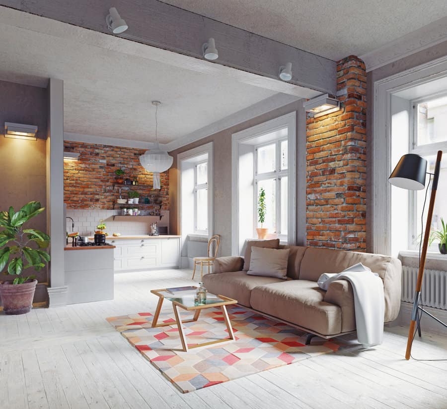 Industrial living room with brick walls