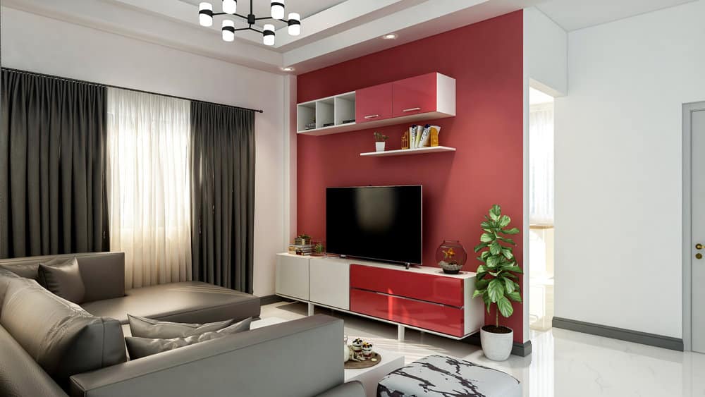 Living room with a red accent wall