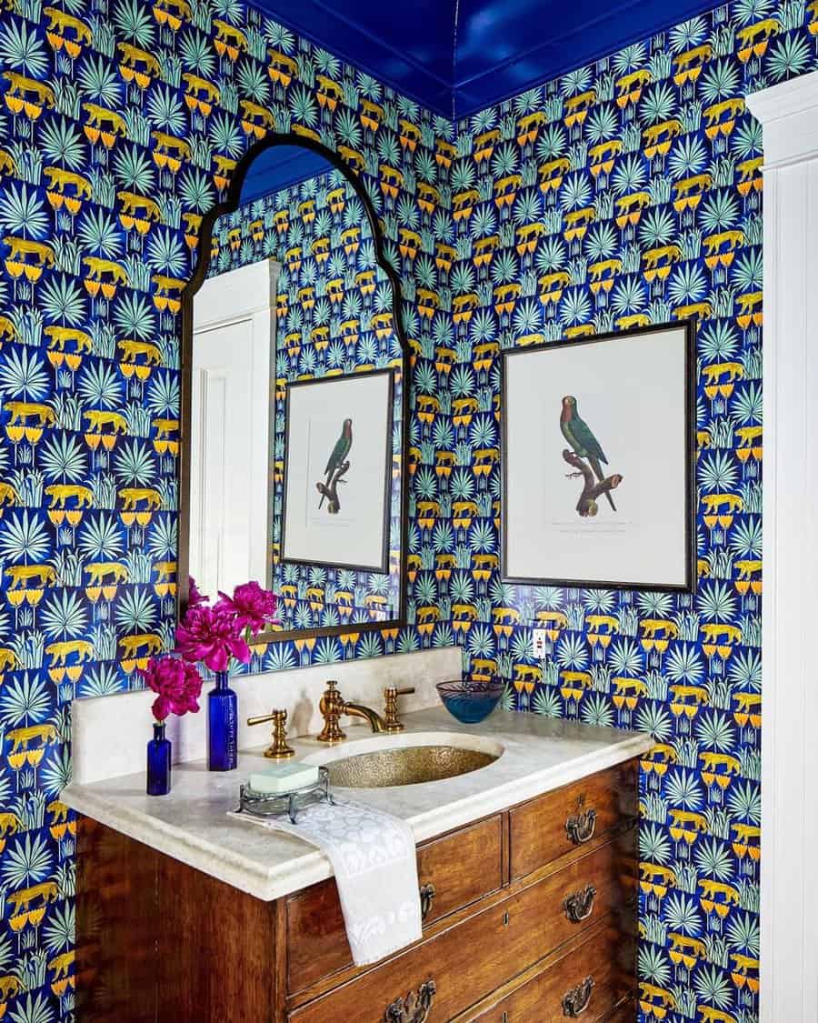 powder room with decorative wallpaper