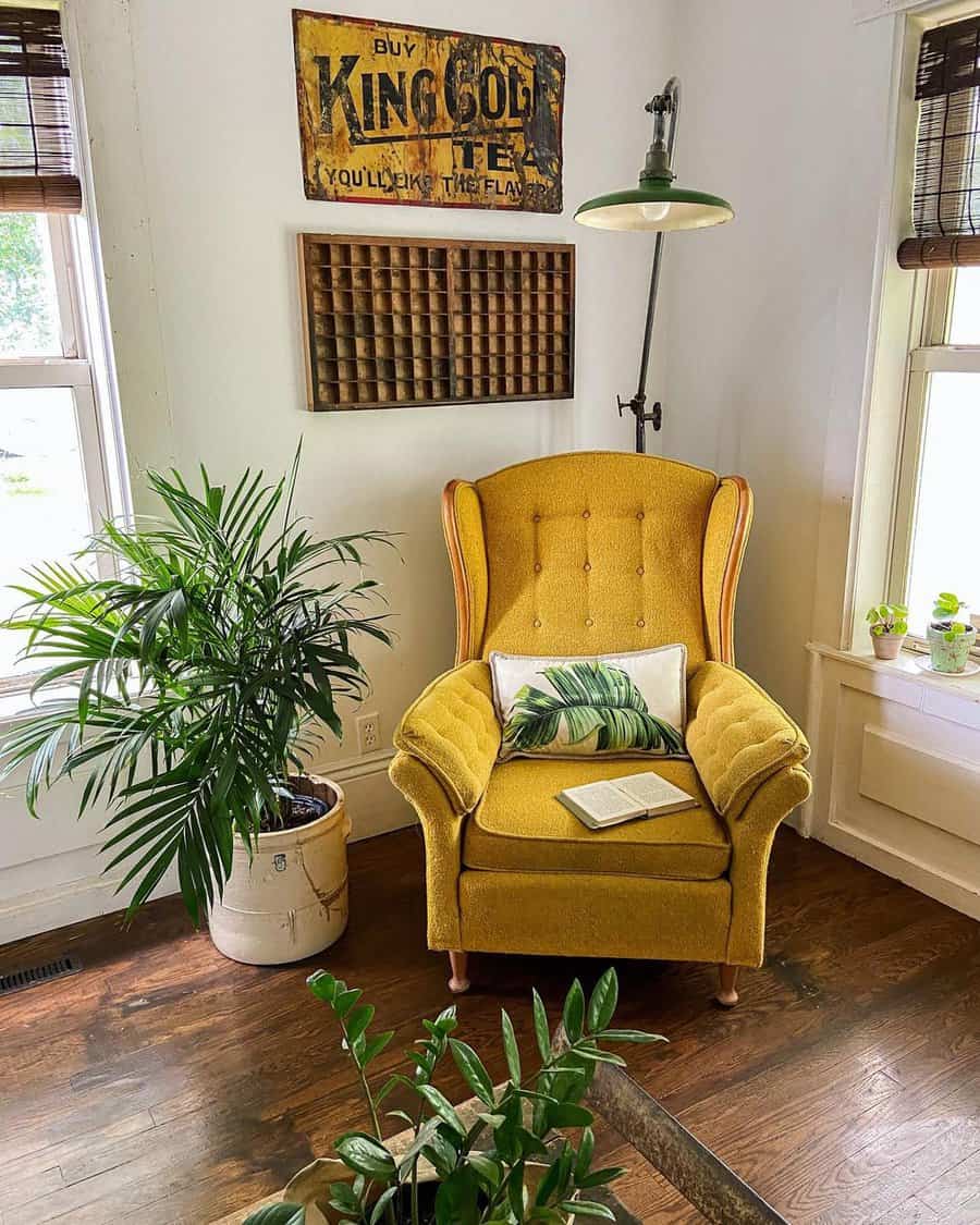 Yellow reading nook chair in a corner of house