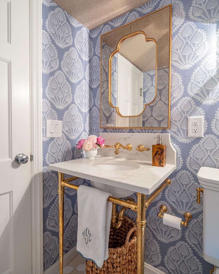 powder room with decorative wallpaper