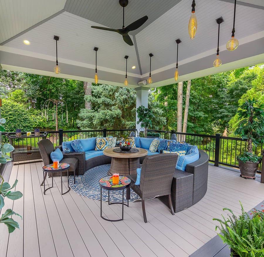 Hanging pendant lights on a covered deck