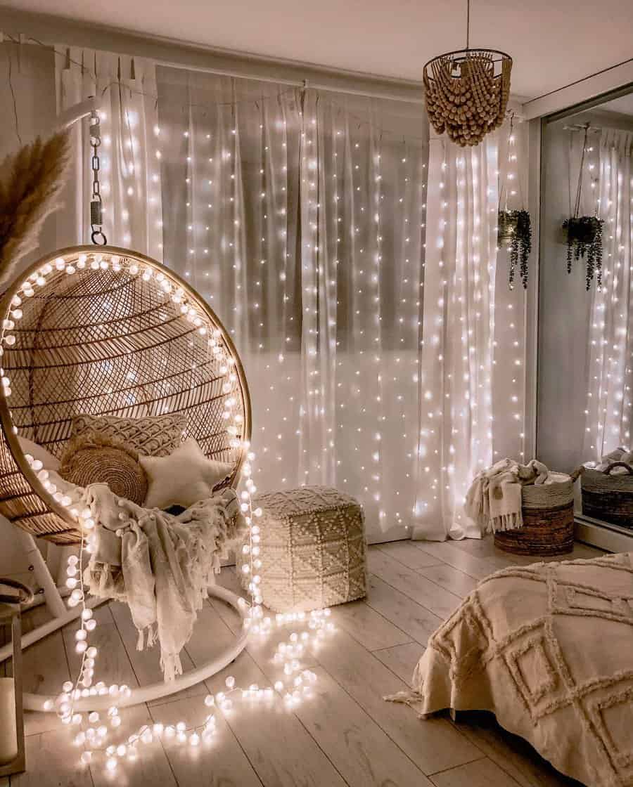 bedroom with string lights