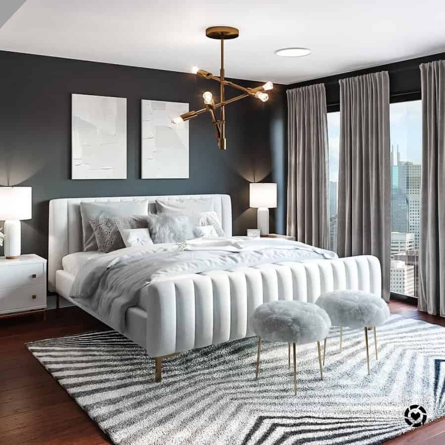 black and white bedroom with gold details