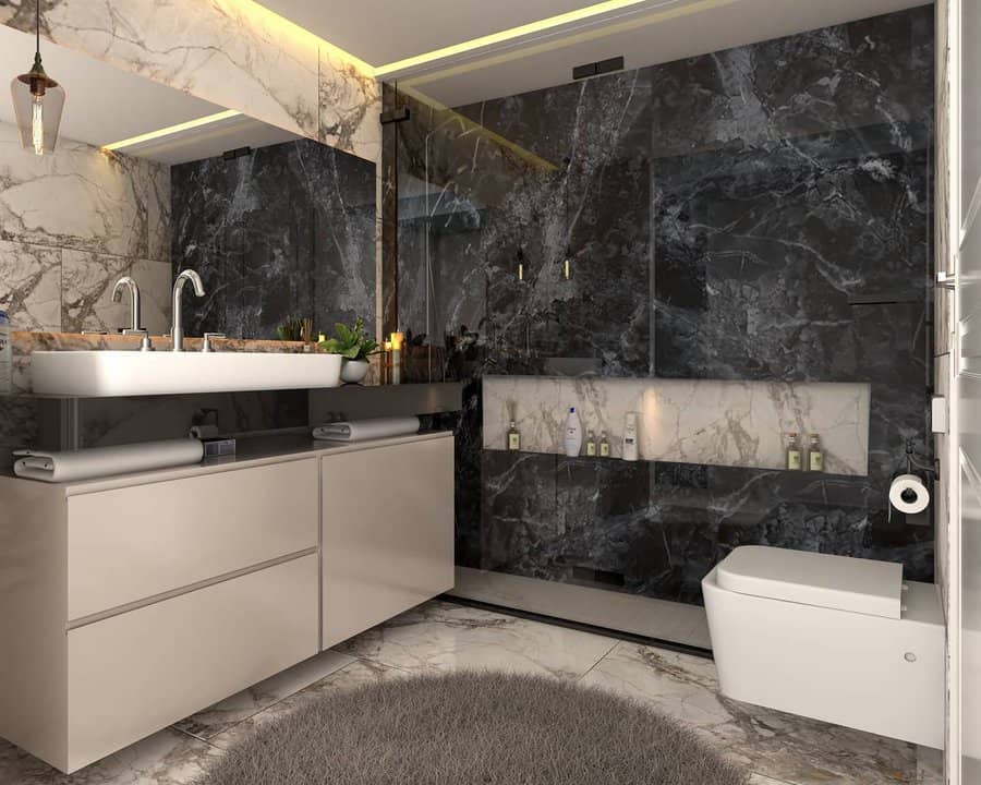 marble-tiled bathroom wall