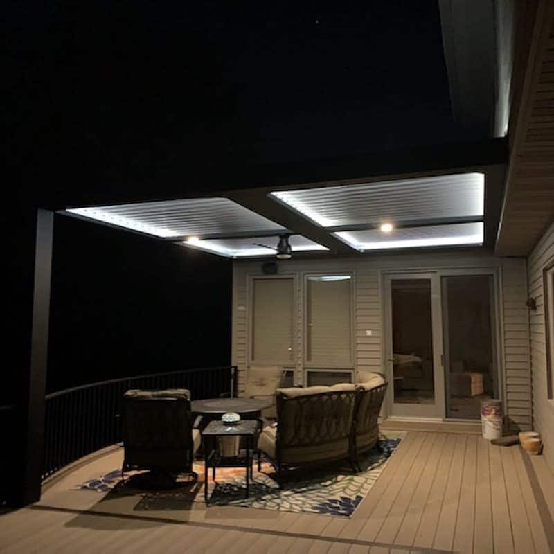 Recessed LED strip lights installed into the ceiling of the deck