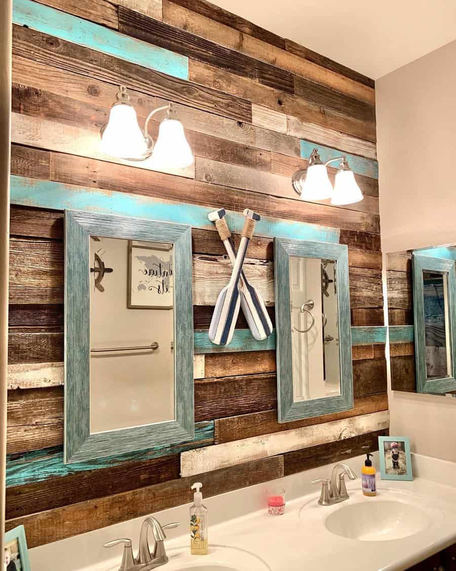 Wood paneled bathroom wall