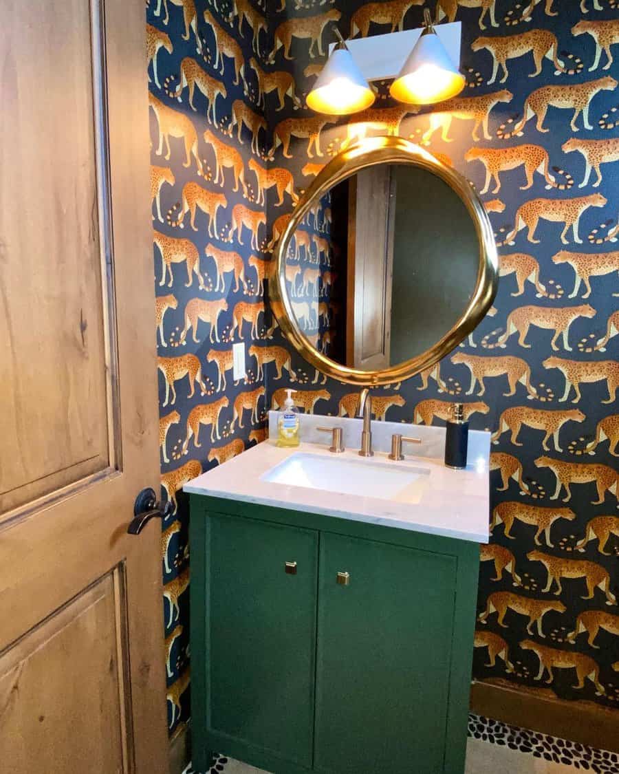 powder room with decorative wallpaper