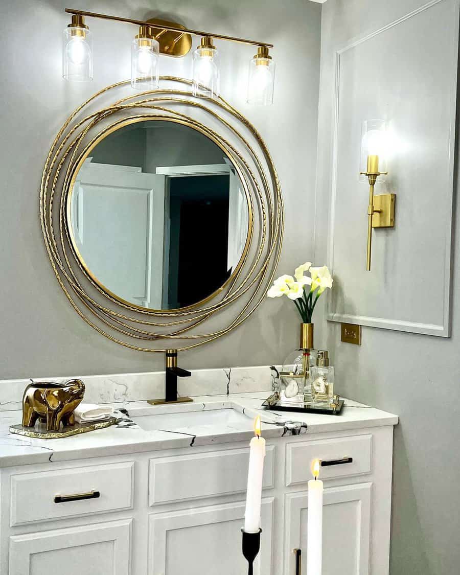 Powder room with round accent mirror