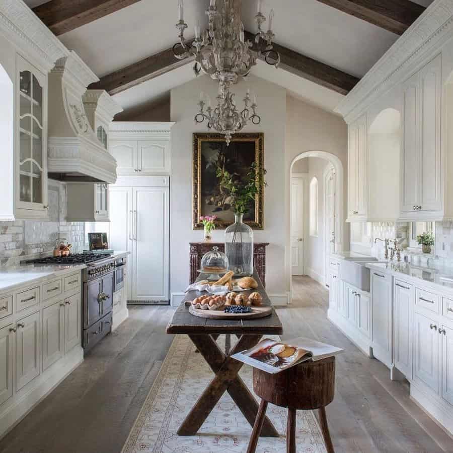 vintage-style white kitchen cabinets
