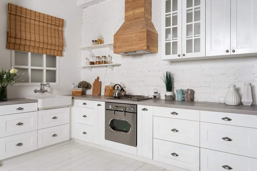 white cabinets with wood accents