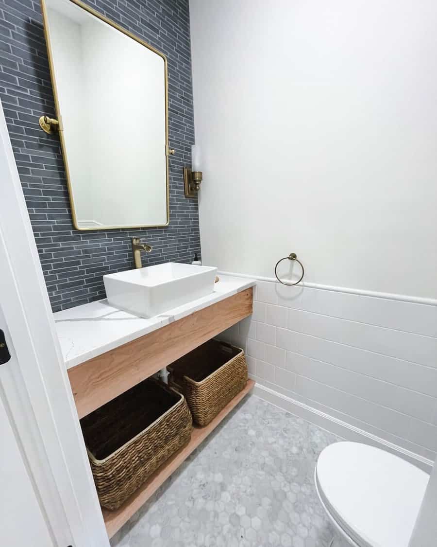 powder room with basket organizers