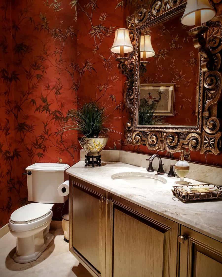 powder room with decorative wallpaper