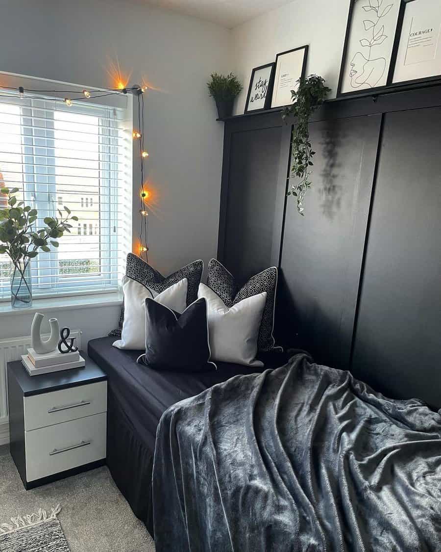 black and white bedroom with wall trimming