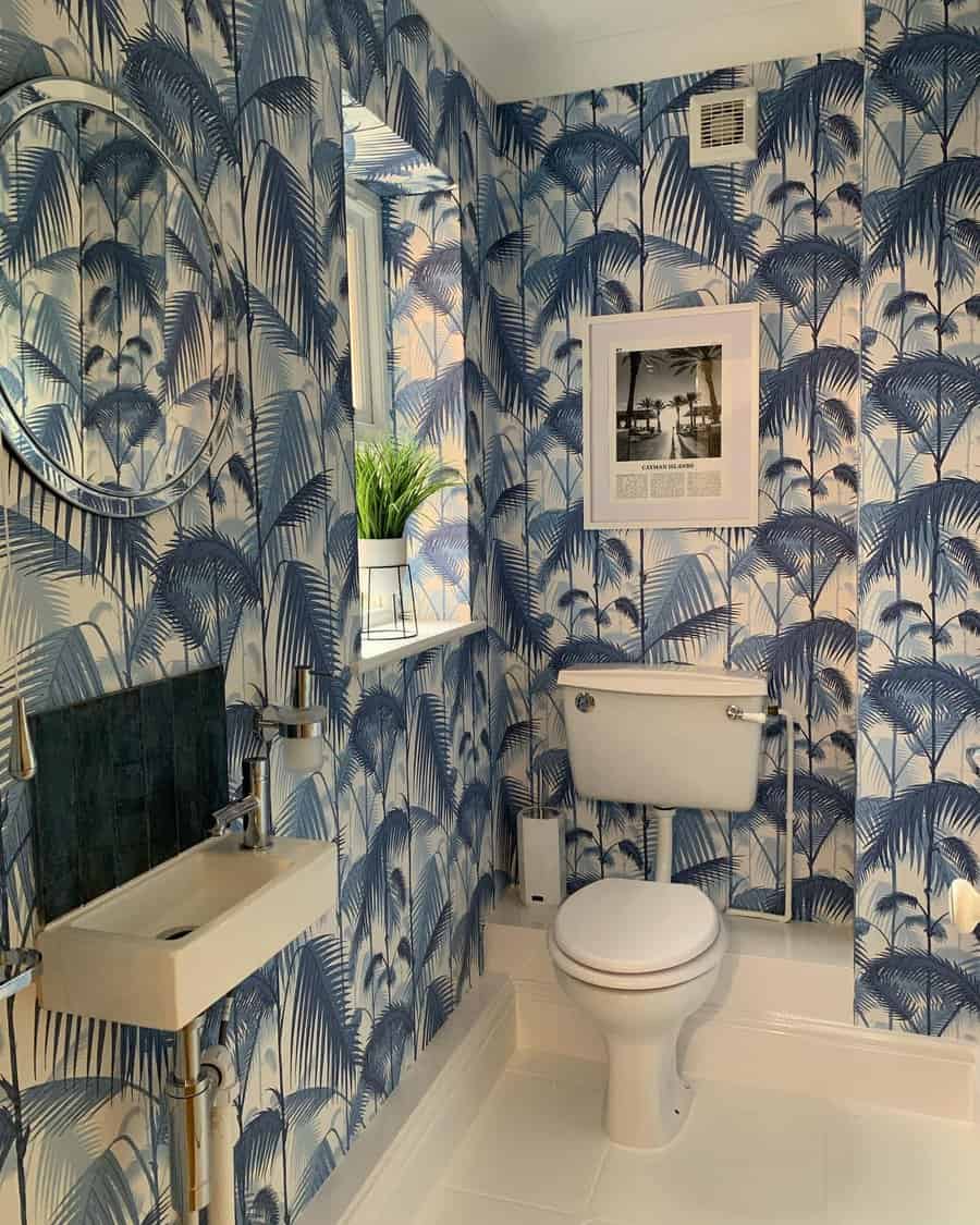 Decorative wallpaper bathroom wall with blue palms