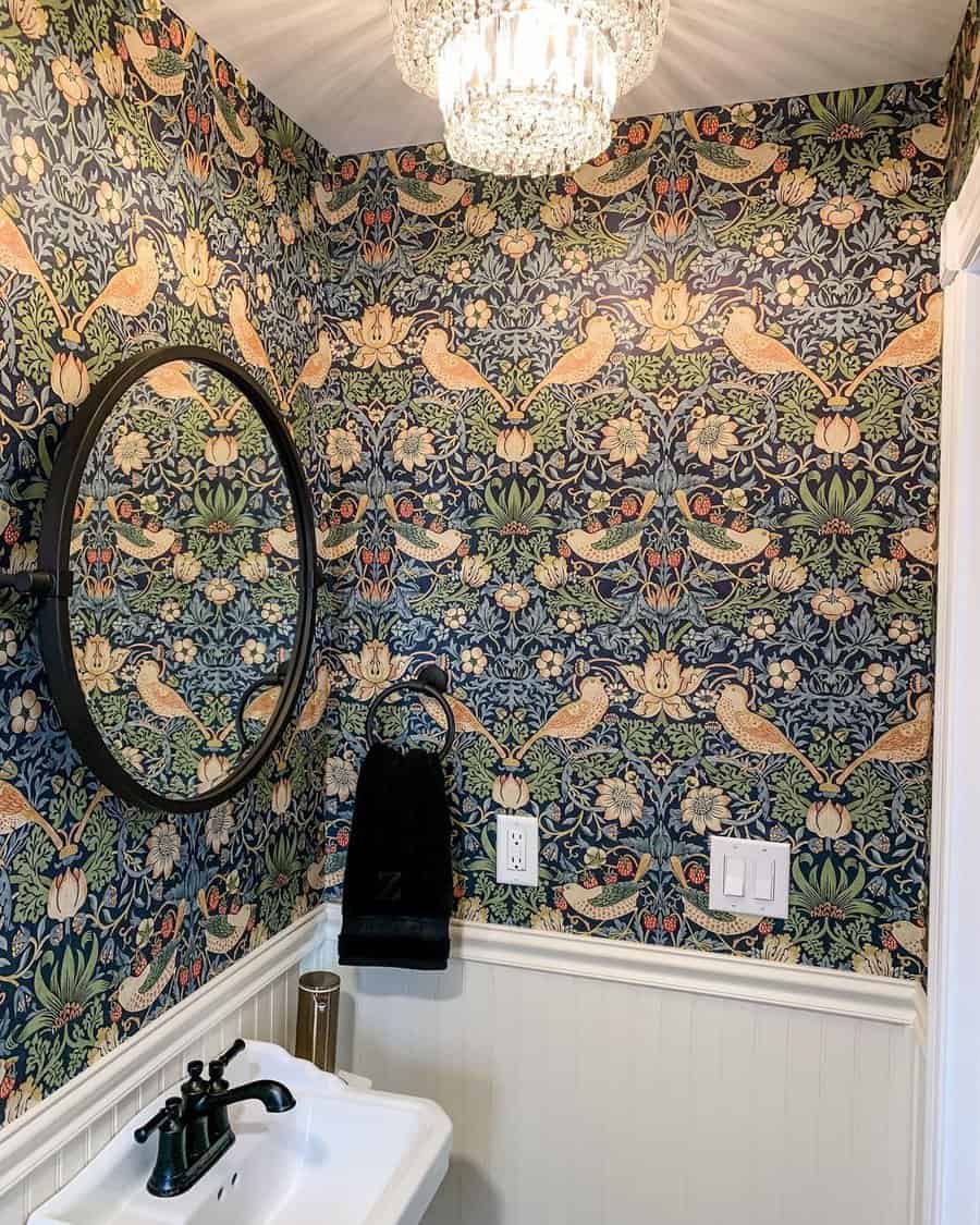 powder room with decorative wallpaper