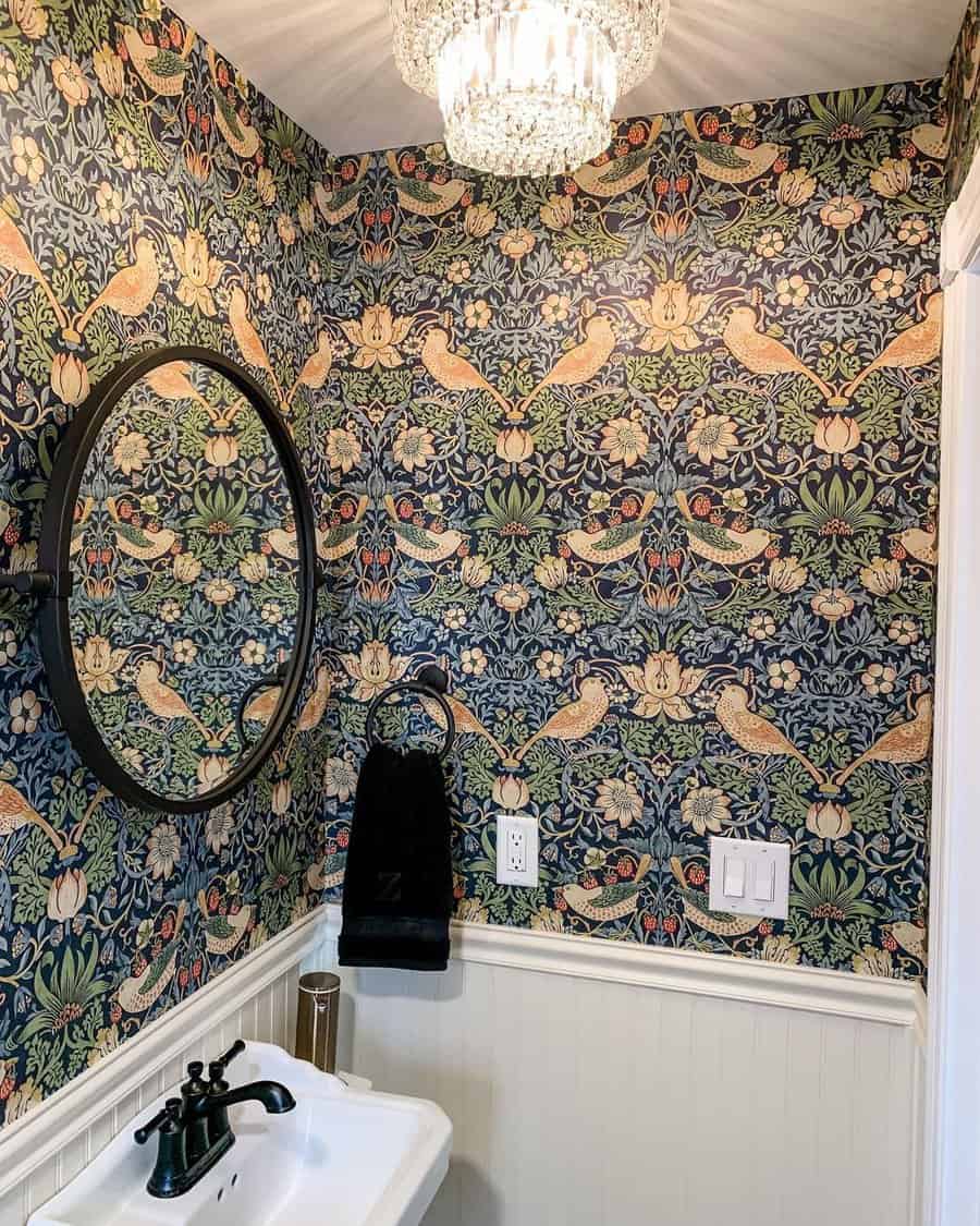 Powder room with decorative wallpaper