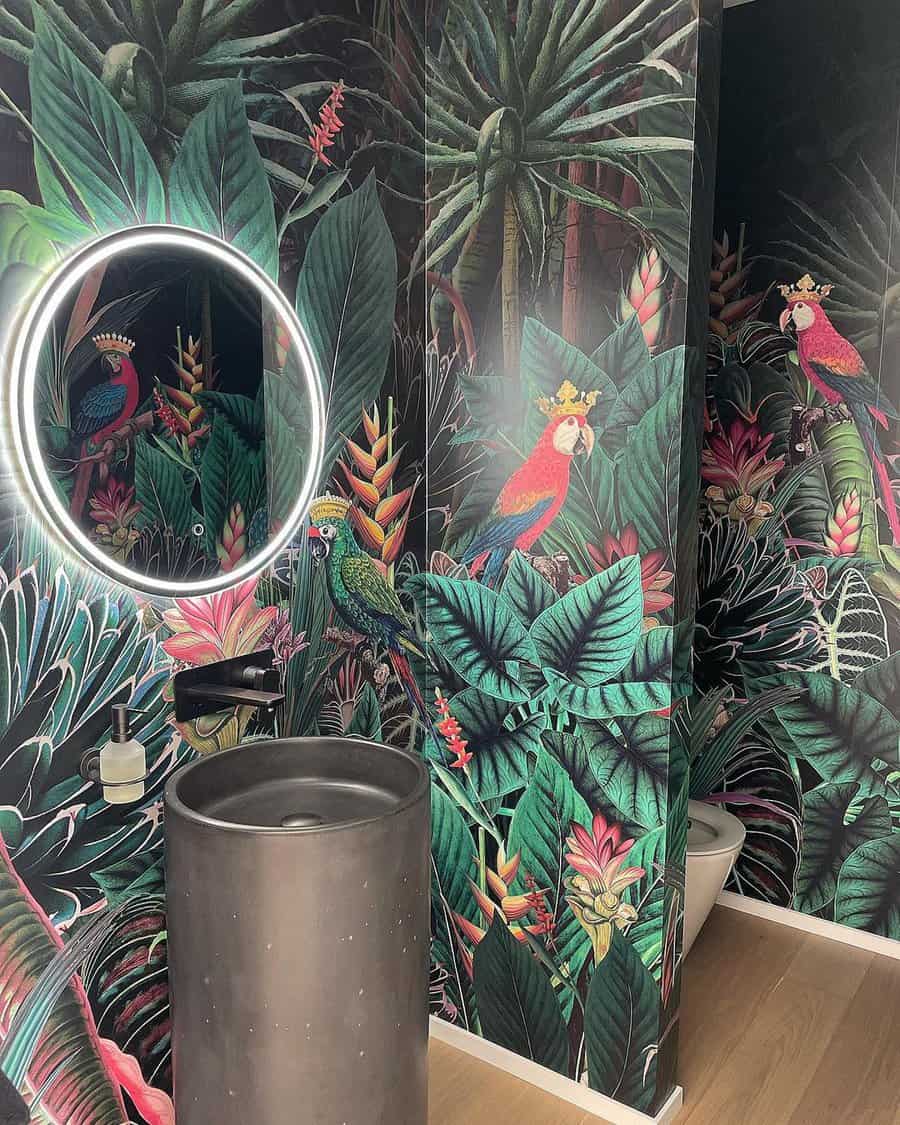 Powder room with decorative wallpaper