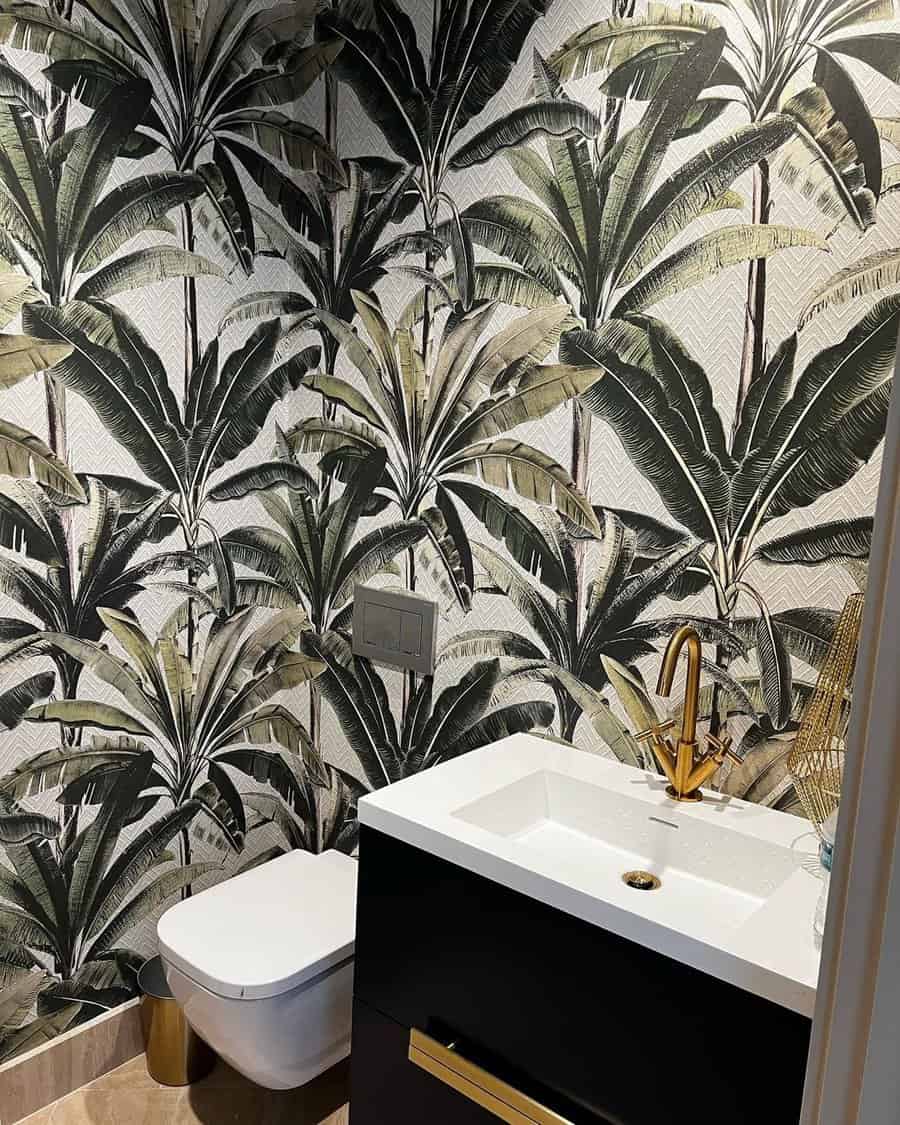 powder room with decorative wallpaper
