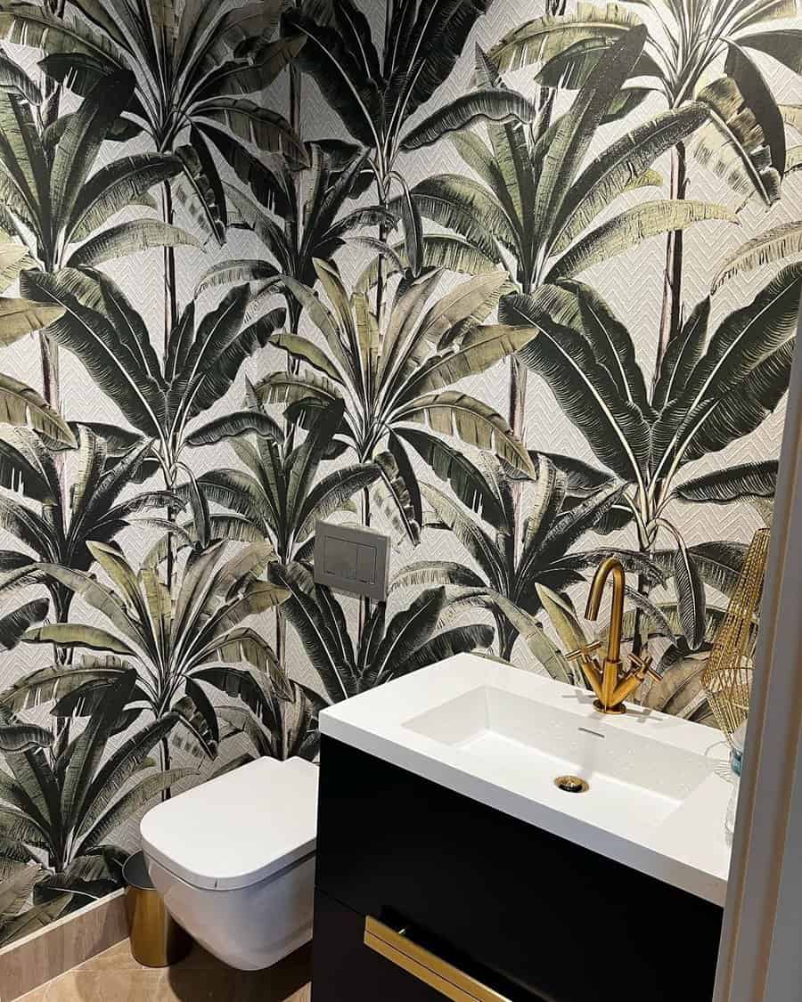 Powder room with decorative wallpaper