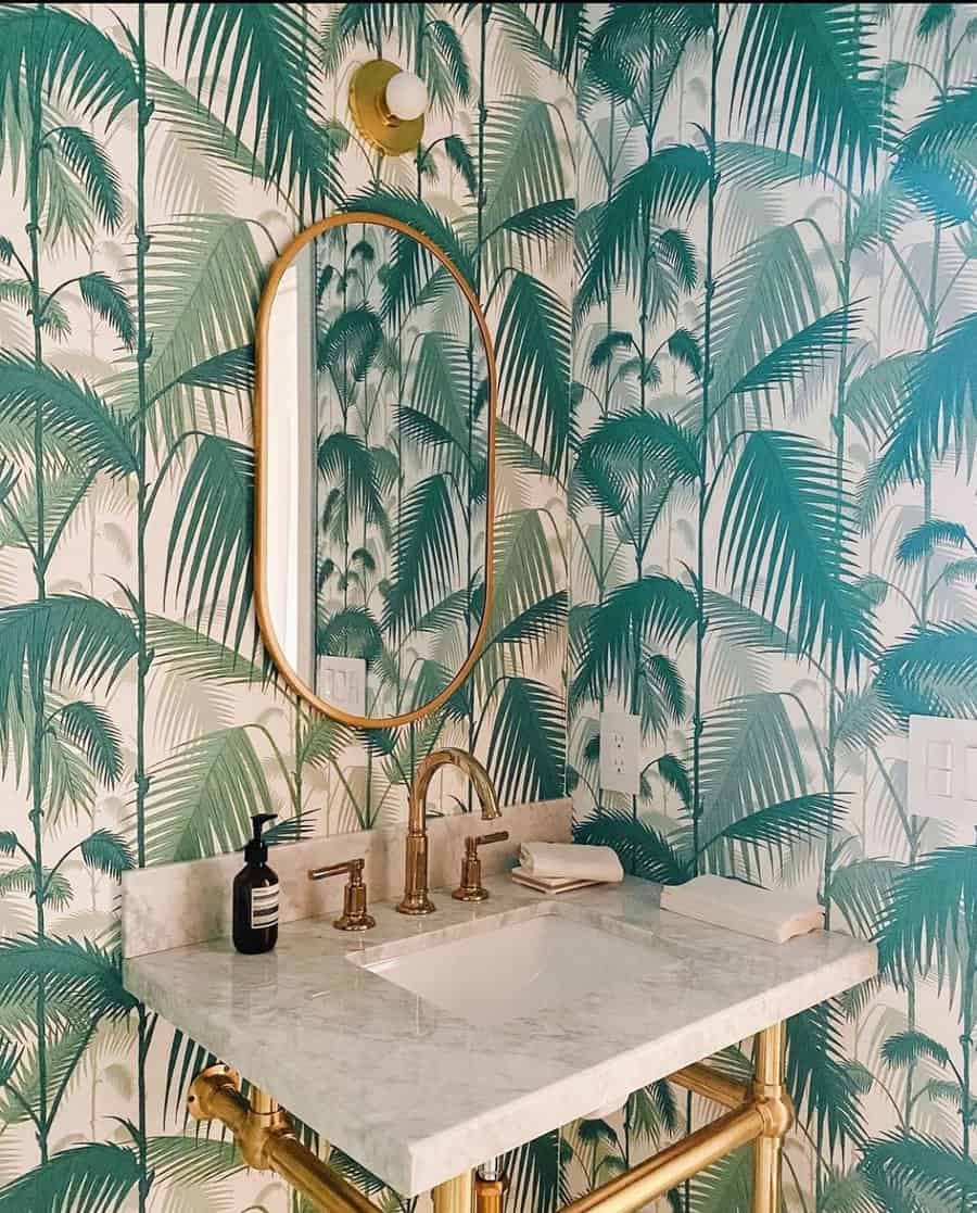 powder room with decorative wallpaper