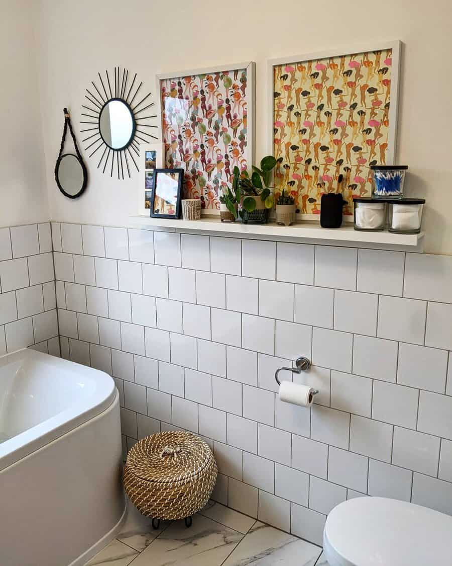 Floating shelf in a white bathroom