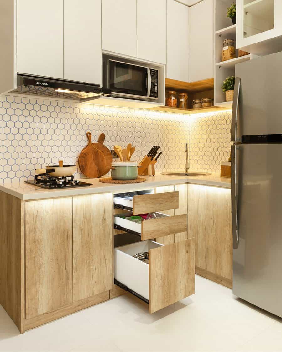 white cabinets with wood accents