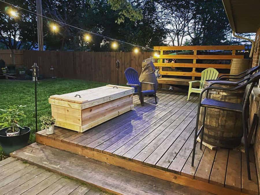 Backyard deck with string lights