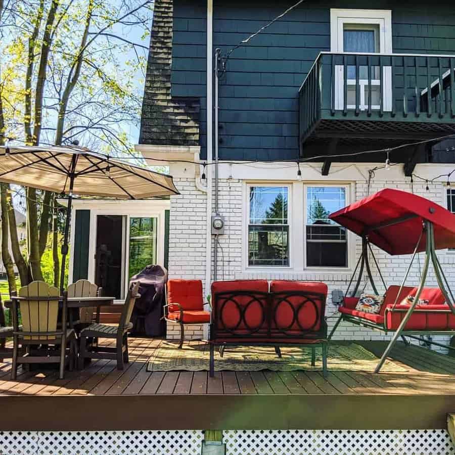 Backyard deck with string lights