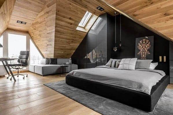 bedroom ultimate bachelor pad with wood plank ceiling
