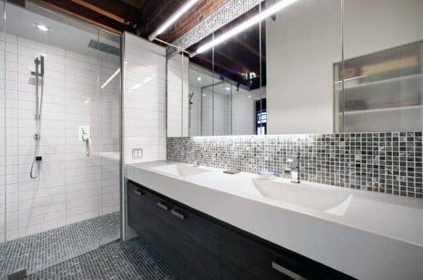cool bathroom backsplash design ideas black and grey square small tiles