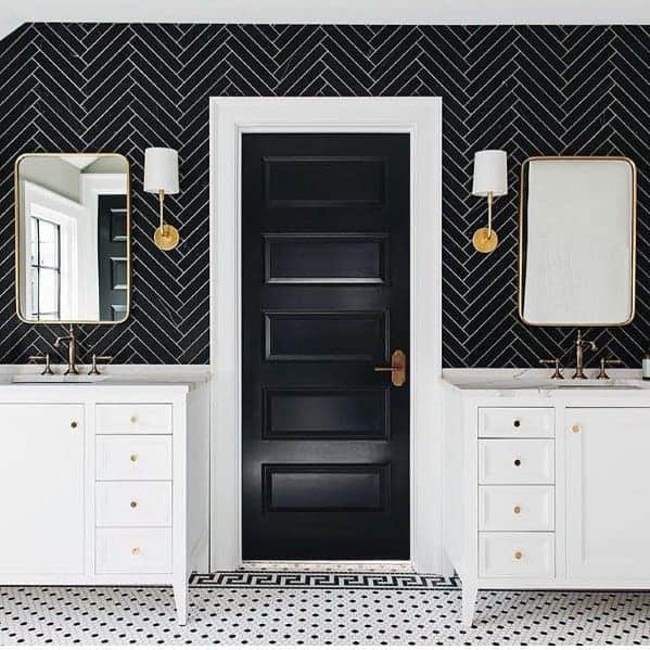 excellent interior ideas black herringbone tile master bathroom backsplash with white vanity