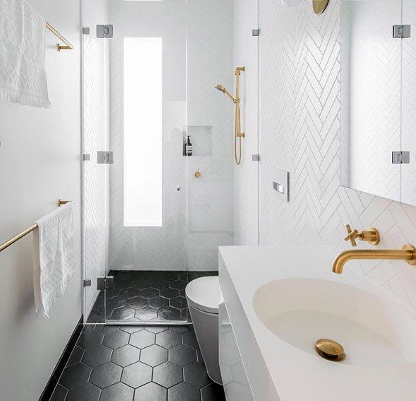 exceptional bathroom backsplash ideas white herringbone tile with black hexagon flooring