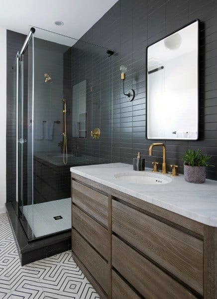 good ideas for bathroom backsplash black subway tiles with pattern floor