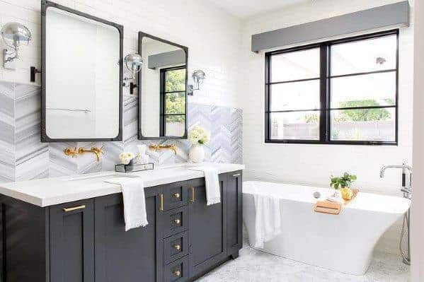 grey and white herringbone tile bathroom backsplash interior design