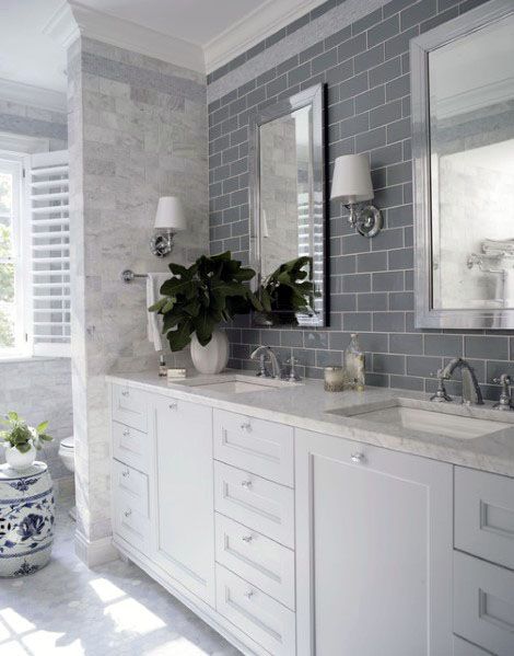 grey subway tile with white vanity bathroom backsplash ideas