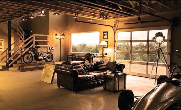 Black leather sofa in garage