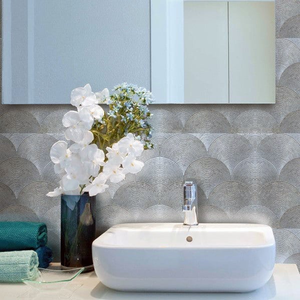 modern round pattern bathroom backsplash ideas with white sink