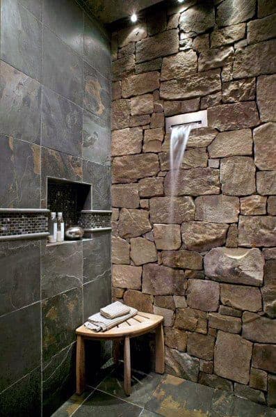 natrual rock shower with grey slate tile recessed niche bathroom ideas