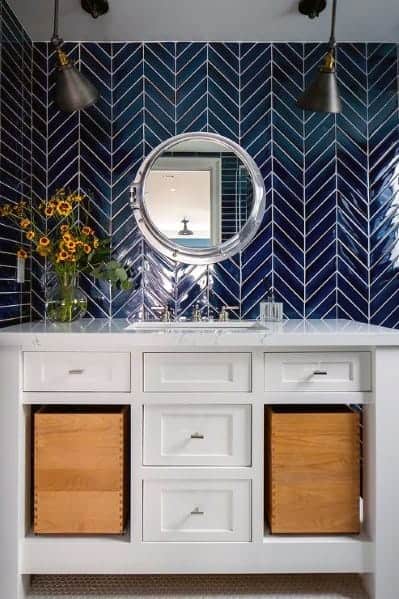 navy herringbone tile bathroom backsplash design inspiration