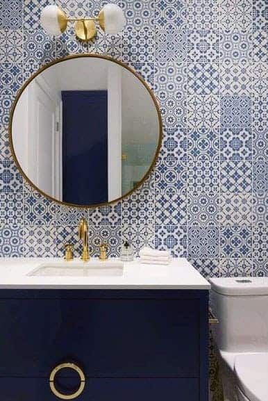 ornate wallpaper ideas blue vanity bathroom