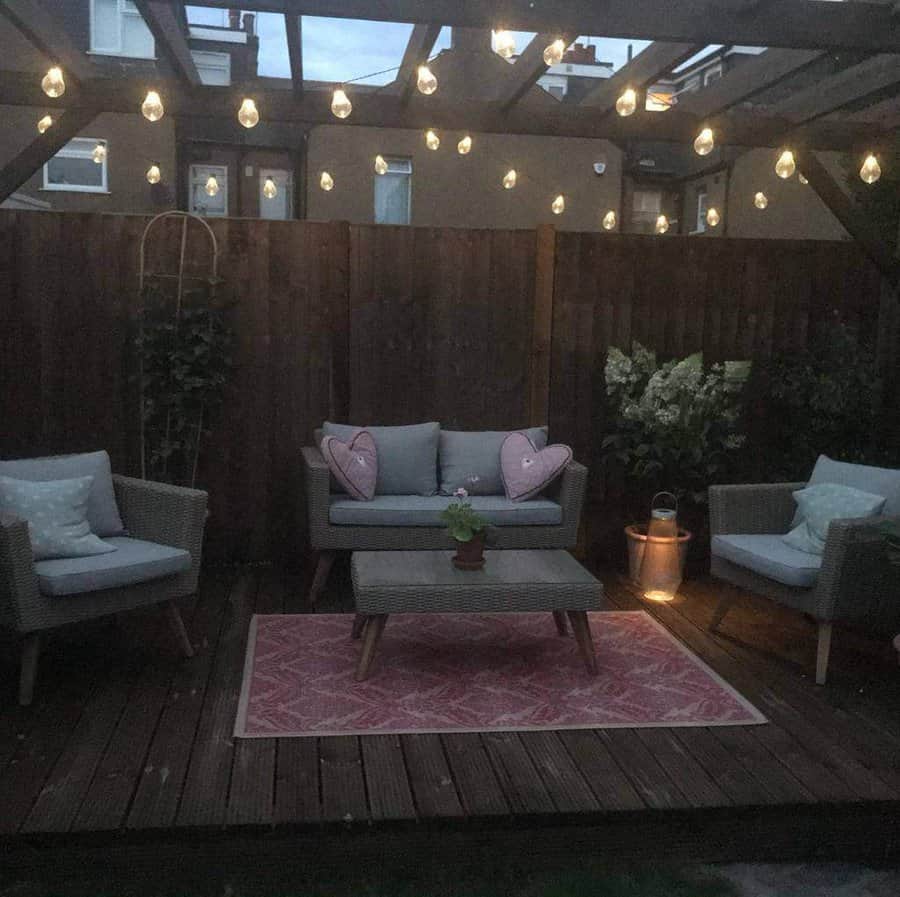 Backyard deck with string lights