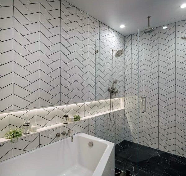 shower niche lighting ideas herringbone design