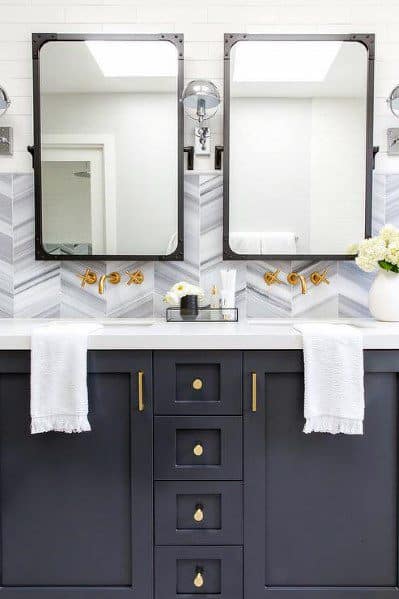 sleek bathroom backsplash ideas herringbone with dark grey vanity