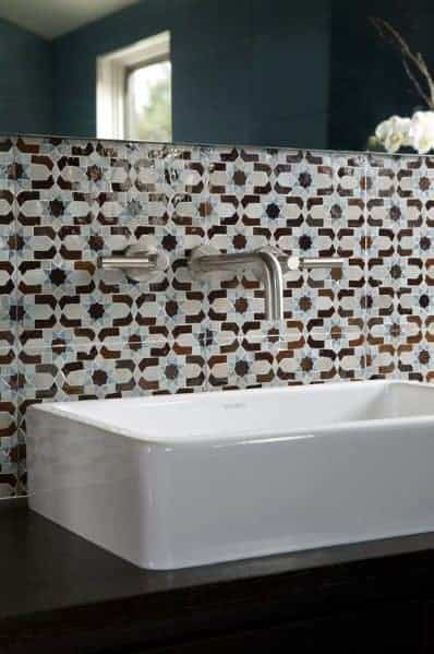 star pattern tile bathroom backsplash ideas with wall mounted faucet and white sink