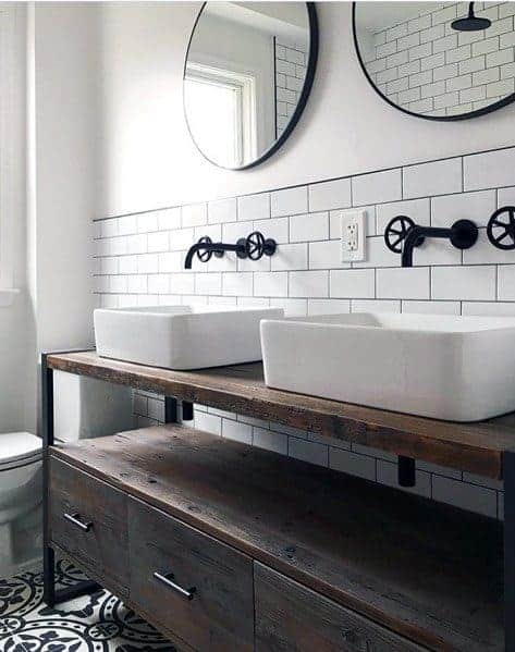 vintage look master bathroom backsplash with white subway tile and circle mirrors