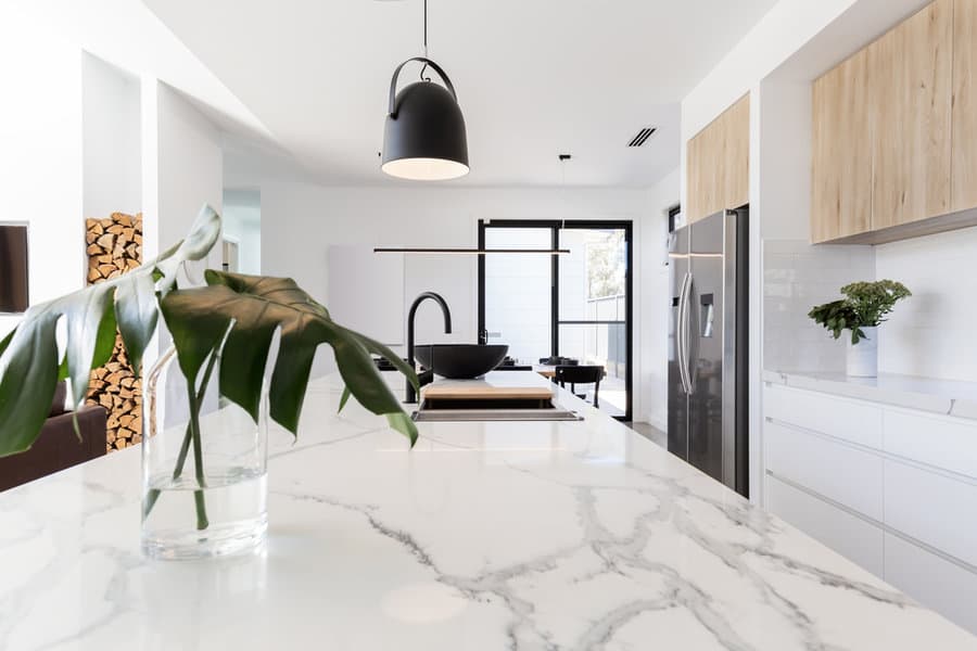 marble kitchen counter with a vase and herb